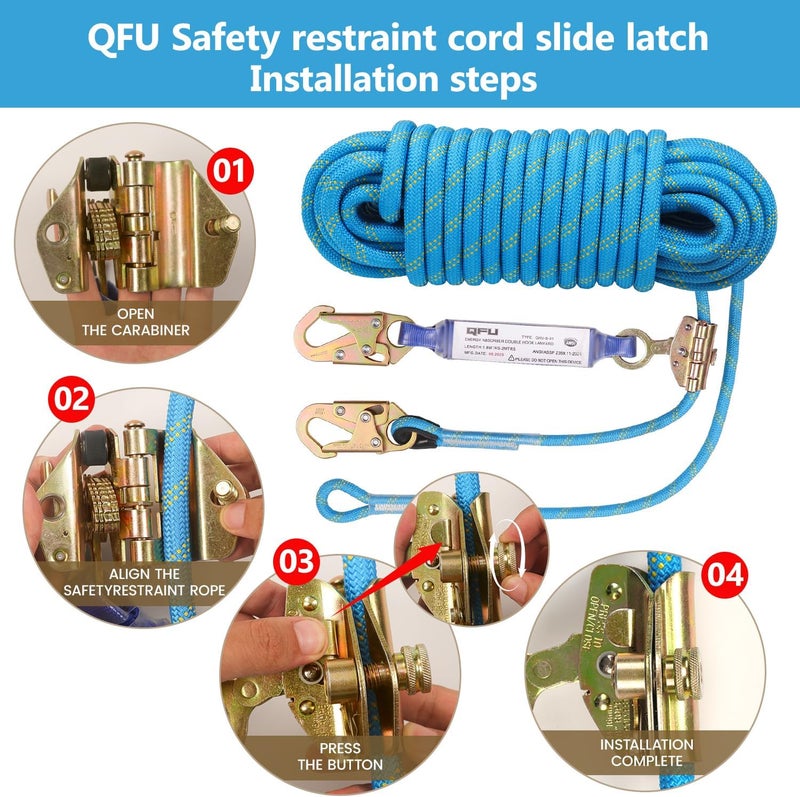 QFU Heavy Duty Fall Protection Rope for roof & tree climbing. Includes safety harness, alloy steel clips, shock-absorbing lanyard - Image 3